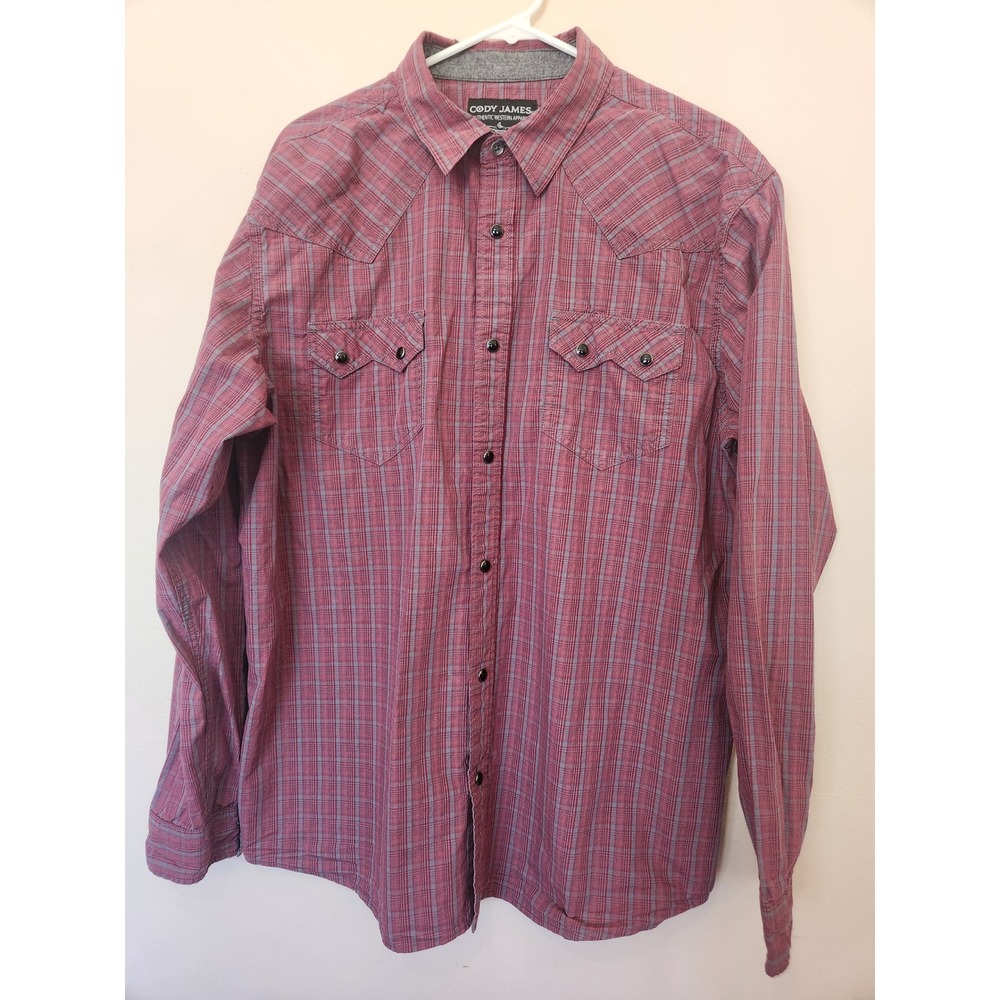 Cody James Mens XL Western Snap Button Shirt Red Grey Plaid Long‎ Sleeve Cotton